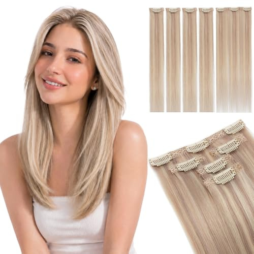 SEGOHAIR Clip in Extensions Echthaar, Glatt Clip Hair Highlights Haarverlängerung Natürlich für Frauen Damen 5-teiliges Set (1 großes Teil + 4 einzelne Clips)#22B/613 Champagner/Blond 25cm 36g