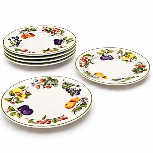 LEONARDO LUXURY HOME DESIGN Servizio Piatti 6 Pezzi Porcellana Decorazione Frutta Piatti Dessert Pane Ø 15,5 cm Piattini Torta Eleganti Bordo Verde Lavastoviglie Microonde (Frutta)