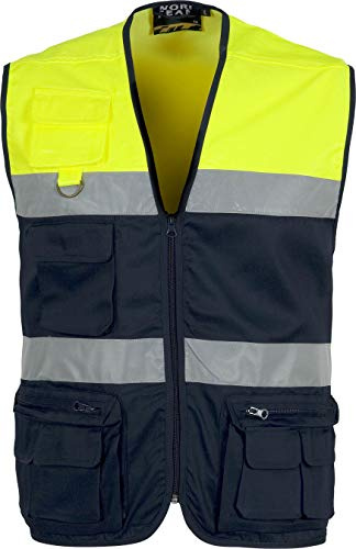 WORKTEAM Chaleco de Trabajo, Tipo Safari, Alta Visibilidad con 2 Cintas Reflectantes, Multibolsillos. Unisex
