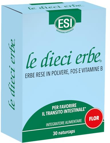 ESI - Le Dieci Erbe Flor, Integratore Alimentare Vegetale con FOS, Lassativo Naturale Contro Stitichezza, Costipazione e Flatulenza, Regola il Transito Intestinale, Senza Glutine e Vegan, 30 Naturcaps