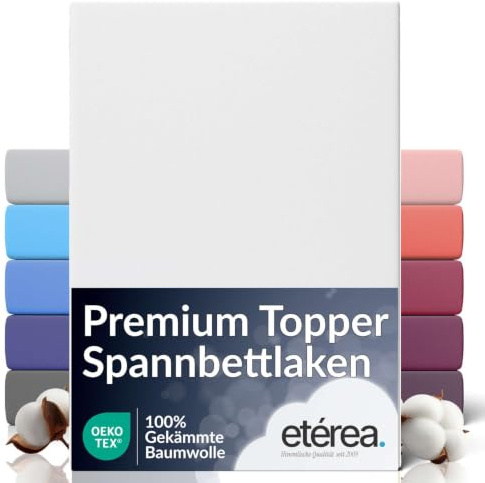 etérea Topper Spannbettlaken extra Jersey 140x200-160x220 cm Weiss bis 10cm | 160 g/m² gekämmte Baumwolle Spannbetttuch · extra Länge 220 cm · Topper bis 10 cm Steghöhe · OEKO-TEX Made in Green