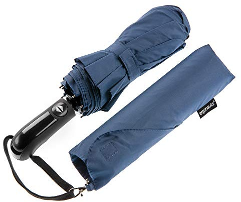 Ergonauts Windproof Vented Double Canopy Travel Umbrella – Teflon Coating, Ergonomic Handle & Protective Sleeve – Portable Compact Foldable Lightweight Design and High Wind Resistance (Navy Blue)