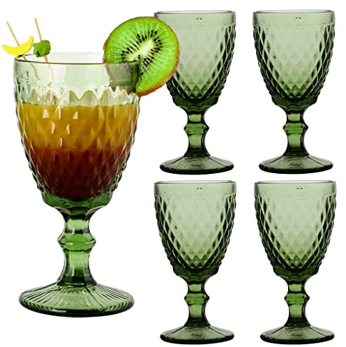 Dibor Cocktail Glass Set of 4 - Embossed Glass Cocktail Goblets Green Dishwasher Safe Glassware 270ml