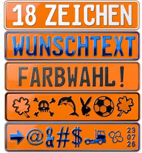 Fun-Kennzeichen bis zu 18 Zeichen – Wunschkennzeichen Schild personalisiert | Farben - Symbole - Bohrungen & Saugnäpfe optional wählbar | Individuelles Alu-Kennzeichen 52×11cm | Namensschild Autoschild