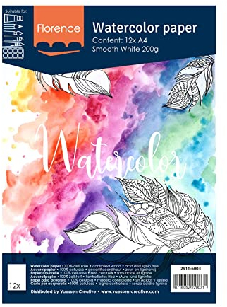 Florence Aquarellpapier Glatt - Zeichenblock für Aquarellfarben A4 - Weiß - Malblock für Wasserfarben - Künstlerbedarf und Scrabooking - 200 gsm