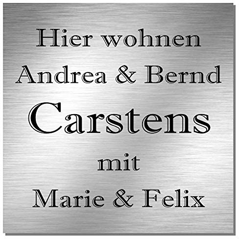 Edelstahl Türschild Klingelschild Briefkastenschild Namensschild mit individueller Laser-Gravur, Größe ca. 100 mm x 100 mm * Modell Carstens