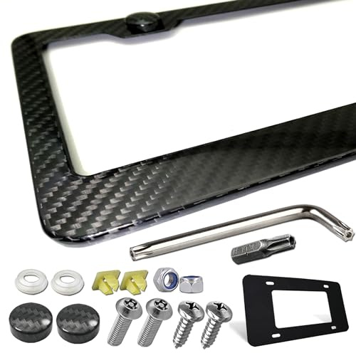 ZXFOOG Carbon Fiber License Plate Frame- 100% Handcrafted Real Carbon Fiber Cloth Wrap Holder, Wide Edge Black Stainless Steel Car Tag Cover with Stainless Steel Screws Caps, 1 Pack 2 Hole