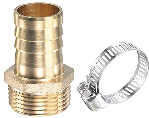 sourcing map Brass Hose Barb Fitting Straight 25mm x G1 Male Thread Pipe Connector with Stainless Steel Hose Clamp, Pack of 1