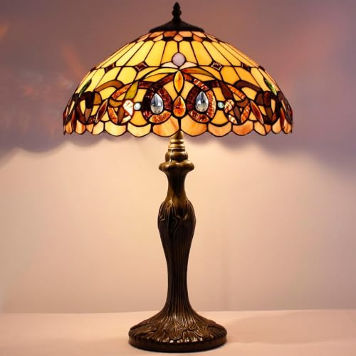WERFACTORY Tiffany Style Table Lamp Colorful Stained Glass Serenity Victorian Bedside Lamp16X16X24 Inches Desk Light Metal Base Decor Bedroom Living Room Home Office S021 Series…