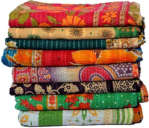 Royal Craft Wholesale Lot of Indian Vintage Kantha Quilt Handmade Throw Reversible Blanket Bedspread Cotton Fabric Bohemian Quilt (5), Assorted Colors, 85X55 Inches (216X140 CM)