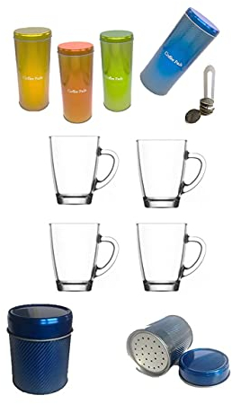 Kaffee-Paddosen Set + plus 4 Padlifter + Schoko/Zuckerstreuer Metallic Blau + 4 Gläser mit Henkel
