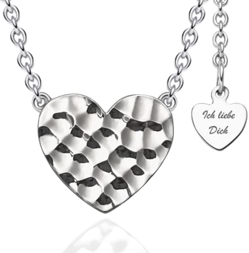 Halskette Damen Silber 925 gehämmert Herzkette Damenkette Kette Ich Liebe Dich Silberkette Herz-Anhänger Kettenanhänger Schmuck Damenschmuck Geburtstag Hochzeitstag Jahrestag Geschenke Frauen Freundin
