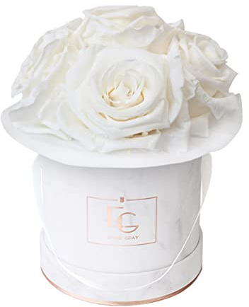 EG EMMIE GRAY Splendid Infinity ROSEBOX | Marble Rosegold | XS | Round - Infinity Rosen mit langjähriger Haltbarkeit, Edle Premiumrosen arrangiert in Einer Marmorbox, Haltbare Rosen (Pure White)