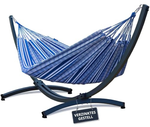 Potenza Outdoor Hängematte mit Tytan Gestell für 2 Personen I 100% Baumwolle Pereira Doppelhängematte 230x160 cm, 200kg I Hängemattengestell 350kg, wetterfest (Verzinktes Gestell Graphit, Baltica)