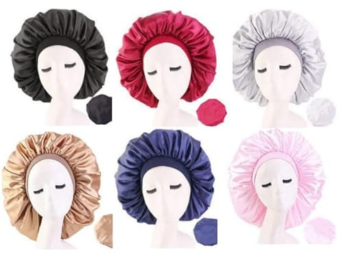 DEPHNARSA 6PCS Extra Large Sleep Cap Jumbo Cap Large Satin Bonnet with Comfort Elastic Band (K-Asst 6PK)