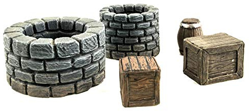 War World Gaming Fantasy Village - Set de Puits, tonneaux et boîtes - 28mm Héroïque Wargaming Médiéval Figurines Maquettes Décor Paysager Modélisme Bâtiment Moyen Âge