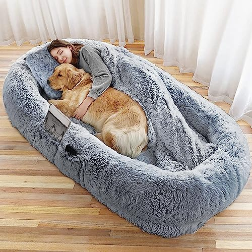 Hundebett für Menschen & Hunde, 185x110x35cm Menschengröße mit Kissen Grau | Menschliche Größe, Waschbar für Extra Große Haustier mit Griff Reißverschluss, Abnehmbarer Bezug