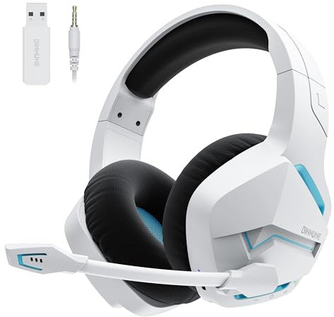 BINNUNE Casque Gaming sans Fil avec 2,4 GHz pour PS5, PS4, PC, NS, Joueurs FPS, 120 Heures + Bluetooth 5.3 écouteur Microphone Antibruit, 50 mm pour Ordinateur Portable - Blanc