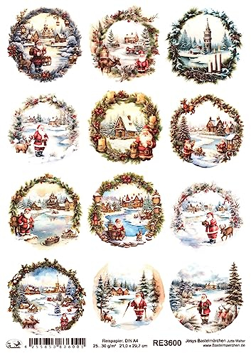 Josys Bastelmärchen Reispapier A4 Strohseide Weihnachten Kranz Winterlandschaft Kirche RE3600
