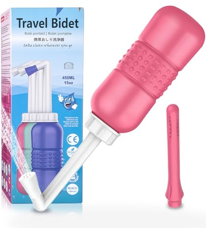Travel Bidet Bottle 450ML - Portable Bidet Sprayer with Dual Nozzles for Anal & Vaginal Use, Travel Douche Bottle Leak-Proof for Toilet & Outdoor, Pink