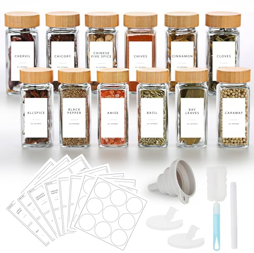 Vmglgig 12 Spice Jar, 120ml Kitchen Glass Spice Jars with Bamboo Lids,Spice Bottles for Home Kitchen Spice, Spice Containers with 246 Label, Pen, Hose Brush, Silicone Funnels (12)