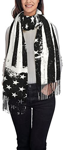 Winterschal – Schwarz und Weiß Amerikanische Flagge Frauen Lange Schals Warme Quaste Schal Stola Für Frauen Damen, Schwarze und weiße amerikanische Flagge, One size