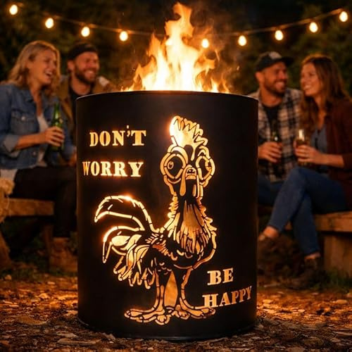 TiKo-Design® Feuertonne Feuerkorb mit Hahn Motiv Don't Worry Be Happy