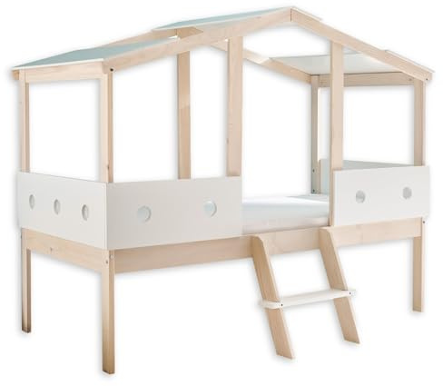 Stella Trading CORTINO Hausbett 90 x 200 cm - Funktionales Kinderbett in Weiß, Kiefer massiv - 131 x 165 x 216 cm (B/H/T)