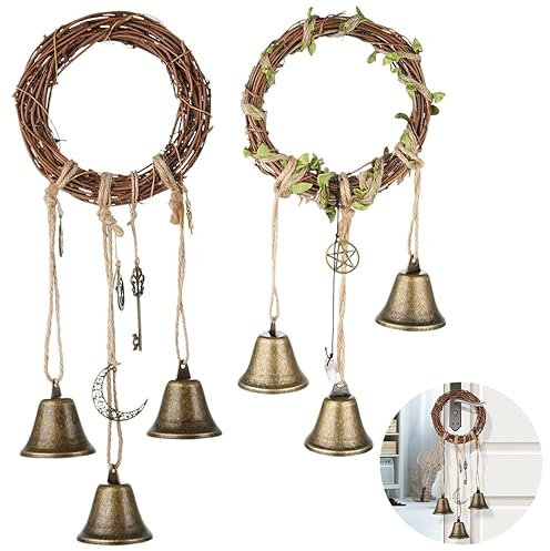Handgefertigte Rattan-Hexenglocken für Tür, Pentagramm-Ring-Windspiel, 2 Stück, Heimdekoration, Schutz, Kleiderbügel, Knauf, böhmische negative Energie, Reinigung, handgefertigte Türglocken