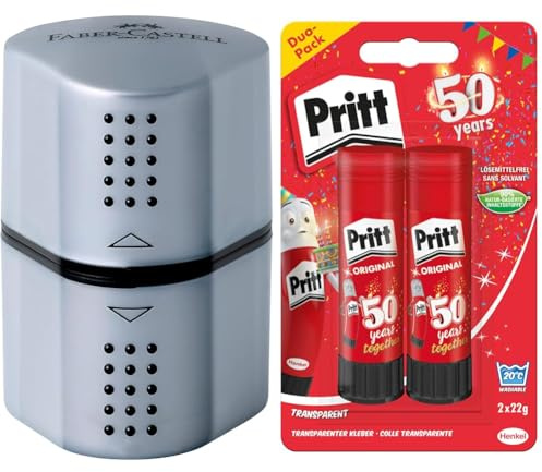 Faber-Castell 183800 - Dosenspitzer Grip 2001, 3in1, Anspitzer mit Behälter für Blei- und Buntstifte & Pritt Klebestift, sicherer und kinderfreundlicher Kleber für Kunst und Bastelarbeiten