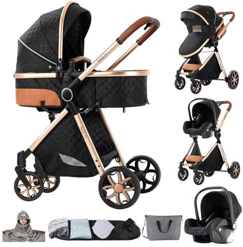 NADDLILY Kinderwagen 3 in 1, Buggy mit Umkehrbarem Zwei-Wege-Schub, Kinderwagen mit Faltbarem Tragbarem One-Click-Design, Kinderwagens 3 in 1 Komplettset mit Zubehör Hohe Landschaft (V9 Black)