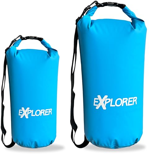 EXPLORER® Dry Bag 10L & 20L Packsack Wasserdicht in Blau Verstellbarer Schultergurt – Ideale Rolltop Tasche für SUP Kajak Wandern, Camping, Angeln, Bootfahren und Rafting