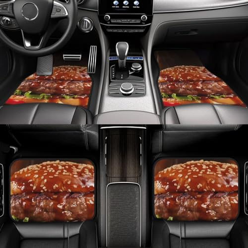 Auto Fußmatten Teppich Wasserdicht Hamburger Steak Fast Food Automatte Rutschfeste Auto Vorne Hinten Fußmatten Komplettes Set von 4 Stück Fersenpolster Universal Fit Für SUV, Vans, Limousinen, LKW,