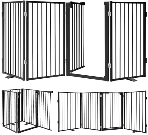 Snagle Paw Metal Freestanding Dog Gate with Door, 80” W x 32” H Dog Fence with Support Feet for Doorways, Stairs and Hallways, Portable Pet Gate for Indoor Use (4 Panel, Black)