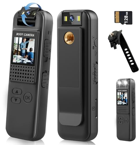 Bodycam Caméra corporelle avec enregistrement audio et vidéo avec carte mémoire de 128 Go, grand angle 1080p avec clip arrière, détection de mouvement de vision nocturne pour enregistrement quotidien