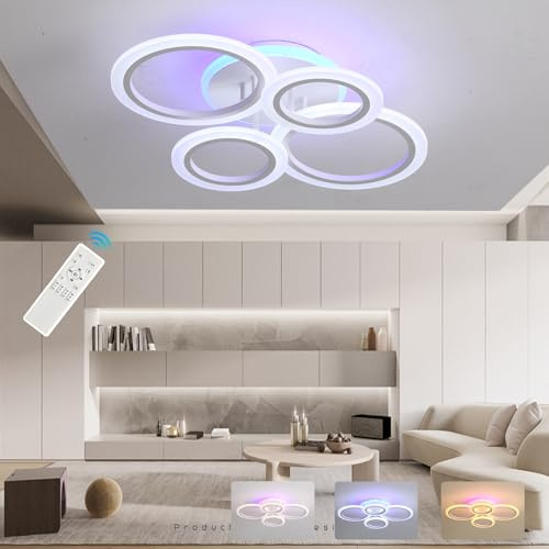 ZAITINZ LED Deckenleuchte 50W,4 Ringe Deckenlampe dimmbar mit Fernbedienung | Weiß Moderne Wohnzimmerlampe 60x40cm mit 3-farbiges Hintergrundlicht,3000-6000K mit Memory,3000LM für Schlafzimmer Küche Flur