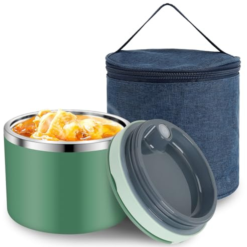 NZZVNZ Boîte à Bento, Boîte Isotherme Repas 1000ml avec Sac Isolant, Boîte à Déjeuner Portable, Boîte Bento Lunch Box en Acier Inoxydable pour Pique-Nique, Travail, Écoles, Camping et Fitness(Vert)