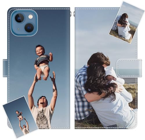 JGOYGYI Personalisierte Leder Handyhülle kompatibel mit iPhone 13,Individuelle Eigenem Foto Bild Text Bildern Foldable Flip Klapphüllen Case hülle+Handykette