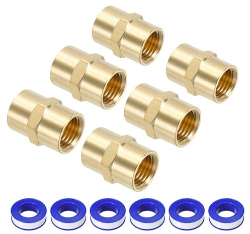 PATIKIL 1/4 x 1/4 Brass NPT Coupler with Sealing Tape, 6 Set Female Hex Head Pipe Fitting Coupling for Home Plumbing Pipes Shower Head Bases Coupling, Gold