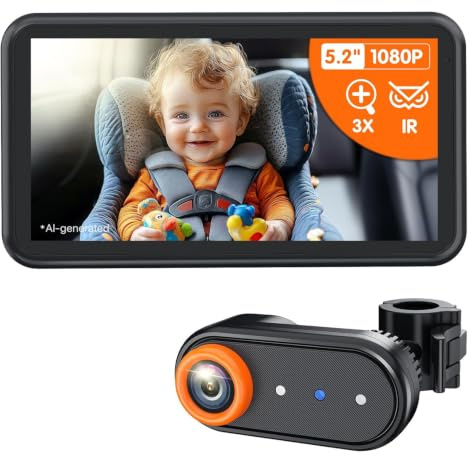 LUCKVIEW Baby Mirror Car Back Seat, 5.2 Inch 1080P Baby Car Camera with 360° Rotation, 3X Zoom Back Seat Monitor Display, Car Mirror for Baby (BM2)