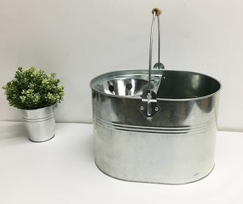 Secchio per mocio in acciaio zincato, 13 litri, grande, industriale, rinforzato, resistente, in acciaio spesso, per casa, ufficio, pulizia generale (argento)