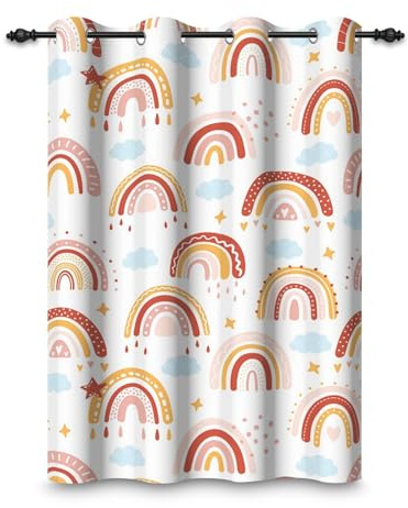 ggaimwf 107x160cm Cartoon-Regenbogen Verdunkelungsvorhang fürs Kinderzimmer Boho-Stil Wolken Sterne Fantasiehimmel Ösenvorhänge Fenstervorhänge für Baby Mädchen Spielzimmer Wohnzimmer,1-Einzelpaneel