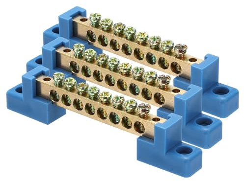 sourcing map 3 barre terminali a terra, 8 posizioni a vite, in ottone, morsettiera di messa a terra 6 x 9 mm per apparecchiature elettriche, scatola di distribuzione, blu