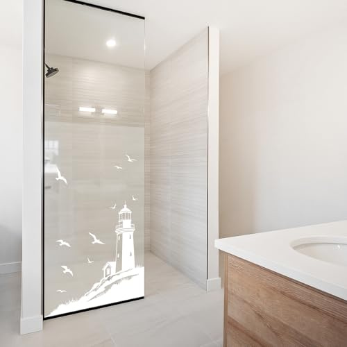 yabaduu Sichtschutzfolie für Duschkabine Duschglastüre Fensterfolie Blickdicht Milchglasfolie wasserfest Deko Klebefolie Badezimmer Dusche selbstklebend YX001 (08 Leuchtturm Weiß, 100 x 180cm)