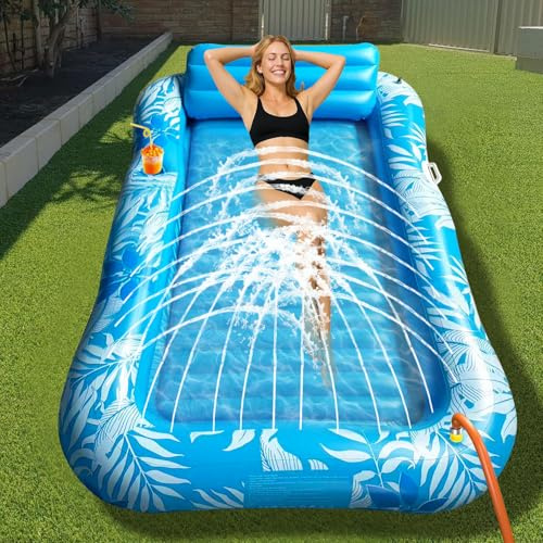 Luftmatratze Pool Erwachsene,Aufblasbarer Sonnenpool mit Getränkehalter,Griff und Rückenlehne,Luftmatratze Wasser mit Eingebautem Sprinkler,Wasserspielzeug für Erwachsene Pool Strand Sommerspaß