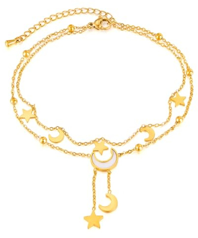 Estrellique Gold Fußkettchen für Damen Mädchen, Verstellbar 22+5/21+4CM Kette Fußkettchen, Doppelkette Kleine Anhänger Fußkette mit Perlmutter/Zirkonia, Wasserdichte Barfuß Sommer Strand Knöchelchen