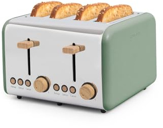 CREATE/TOAST RETRO DOUBLE/Grille-pain pour tranches larges vert sauge/Ramasse-miettes, 6 niveaux de puissance, thermostat, décongélation, réchauffage, 4 fentes, 1500W