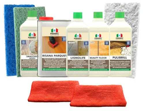 MARBEC KIT RESTUARA LEGNO VERNICIATO Per il restauro fai da te di pavimenti in parquet verniciato lucido. Dona al materiale una nuova protezione idrorepellente e antimacchia.