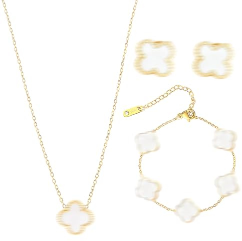 GNALIA Bijoux Acier Inoxydable Femme, Ensemble Collier Boucles D'Oreilles Bracelet Trèfle 4 Feuilles Or 18K Plaqué Or, Bijoux Délicats Réglables Cadeau Pour Femme Fille, 1 Set De 3 Pièces