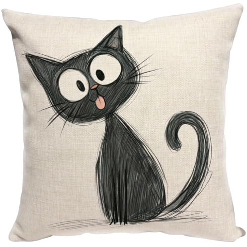 Violetpos Schwarz Katze Spucken Zunge Kissenbezug 40x40 Cartoon Kissen Deko für Sofa Kissenhülle Kissenbezüge Sofakissen Dekokissen Zierkissen Zierkissenbezug Dekorative Schlafzimmer Wohnzimmer Couch